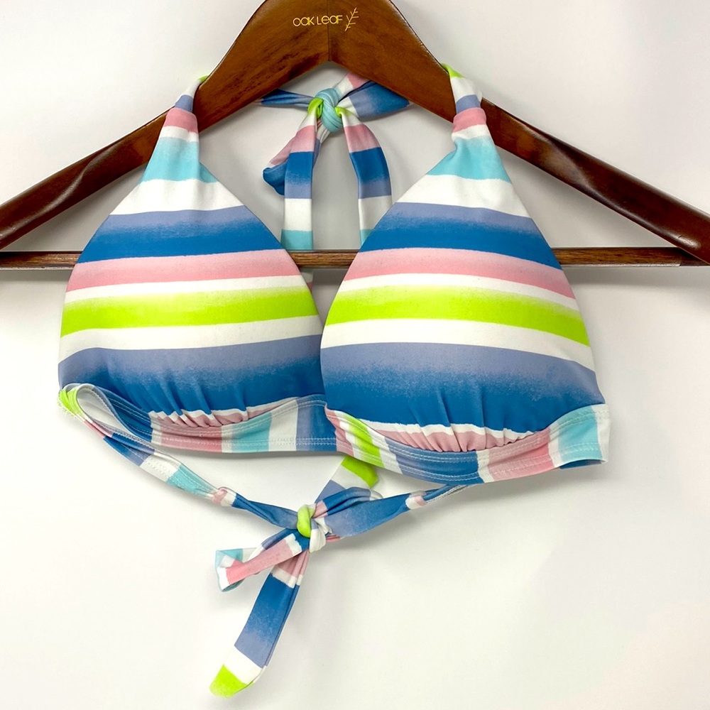 True Craft Blue Green White Striped Padded Halter-Style Swimsuit Top Size Large